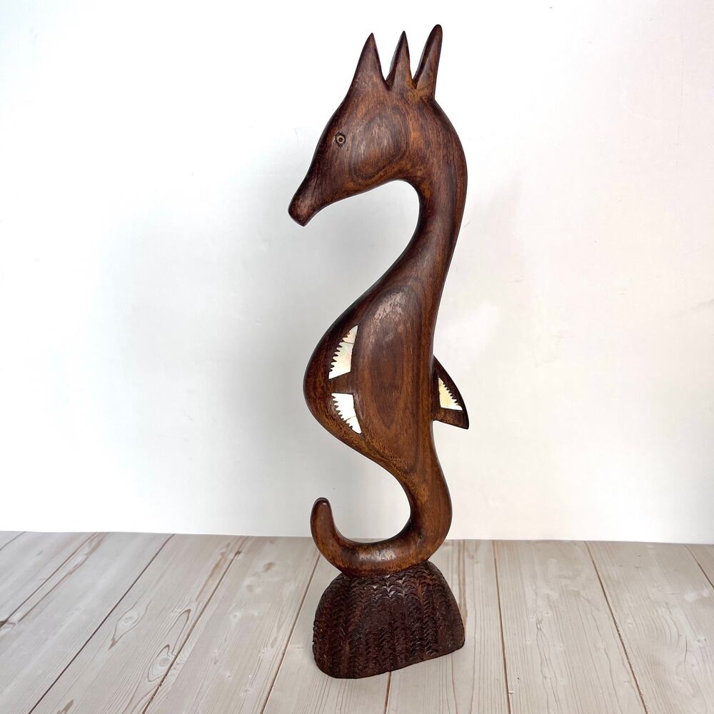 Vintage Hand Carved Wooden Seahorse Shell Inlays Abstract Marine Costal